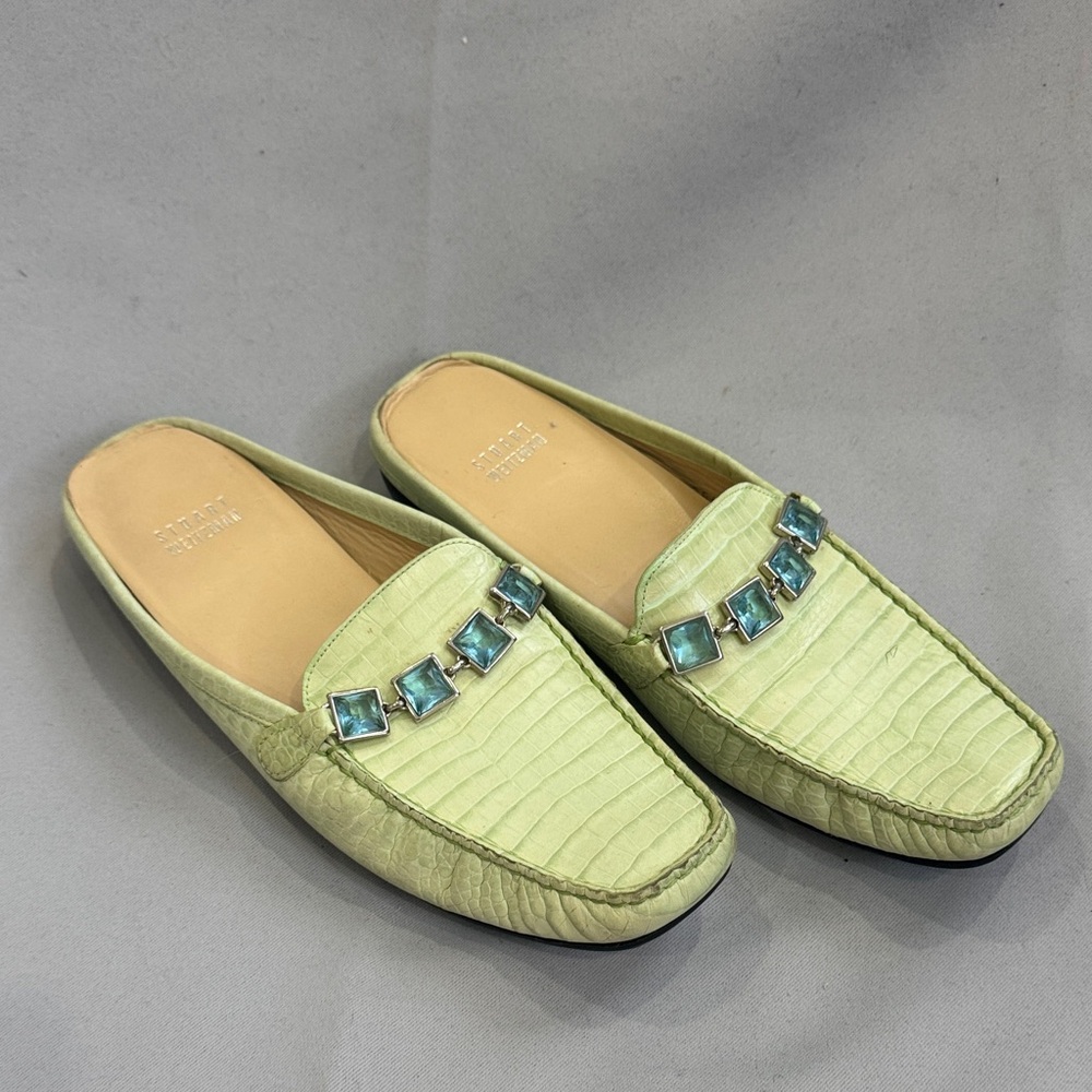 Stuart Weitzman “Seddan” Green Croc-Embossed Leather Mules, Size 8
